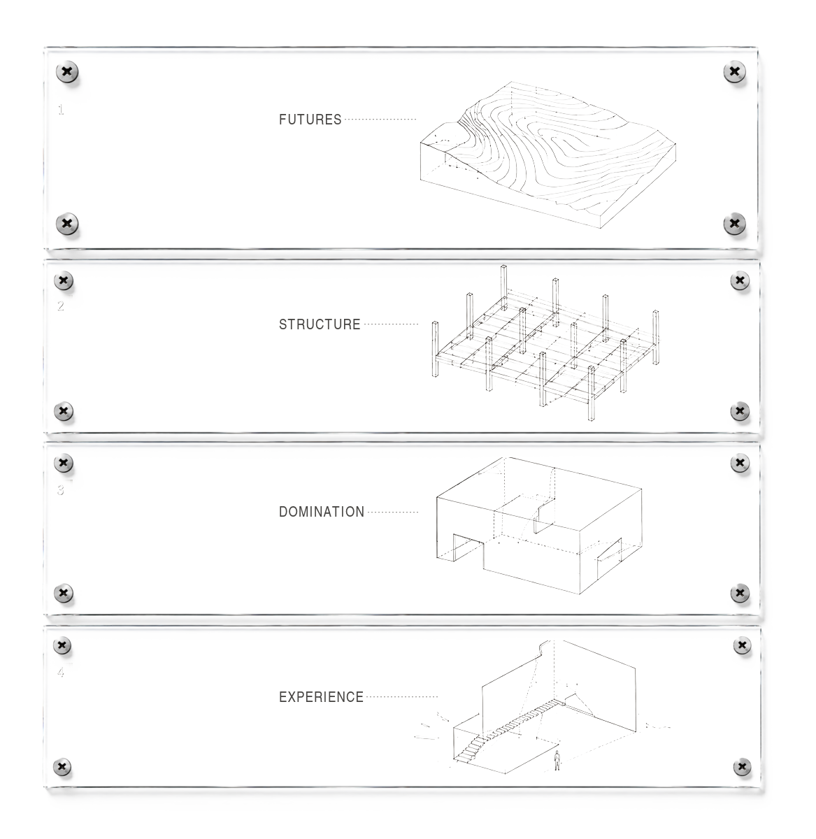 Four transparent architectural study plates: futures, structure, domination and experience
