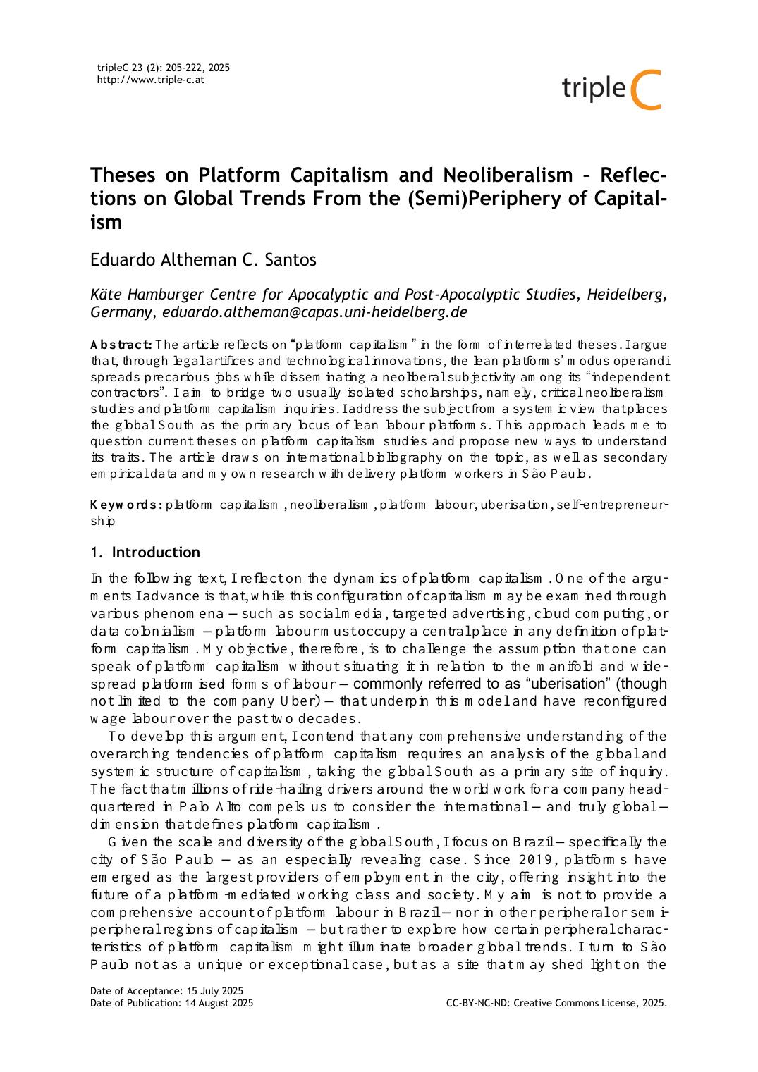 First page of Theses on Platform Capitalism and Neoliberalism