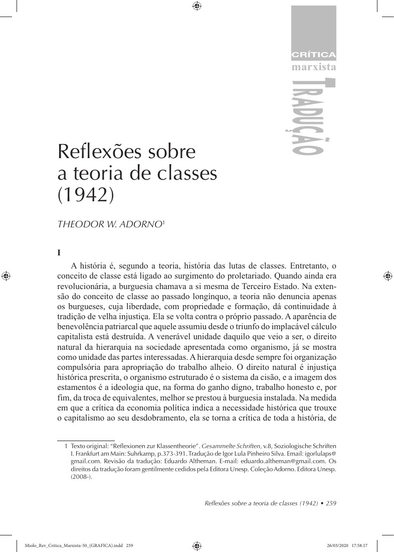 Cover or institutional image for Reflexões sobre a teoria de classes (1942)